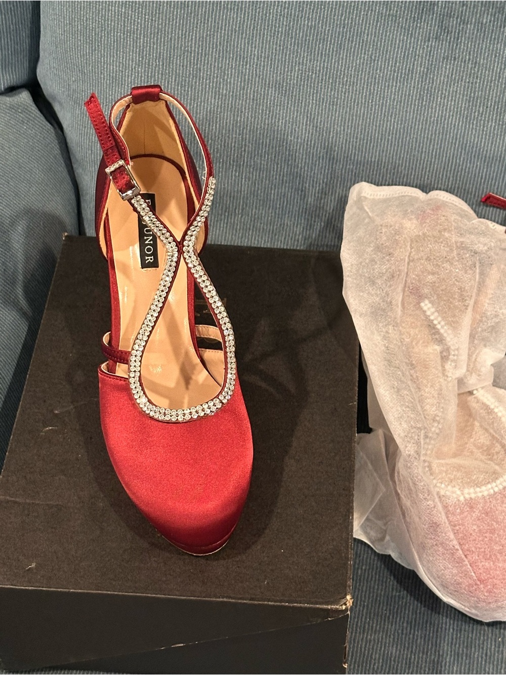 Nina Red Satin T-Strap Heels with Crystal Trim